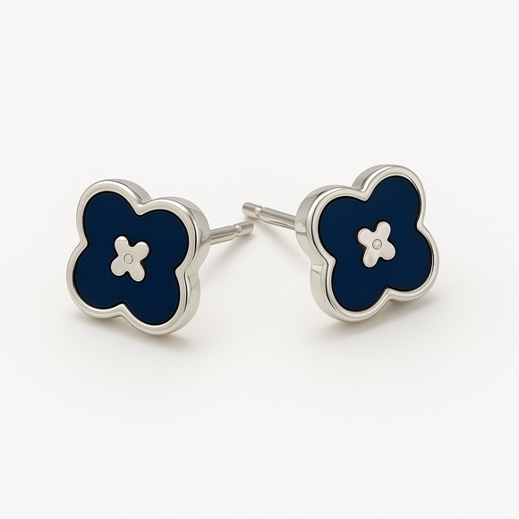 Navy Blue Flower Stud Earrings - Picture 2 of 2